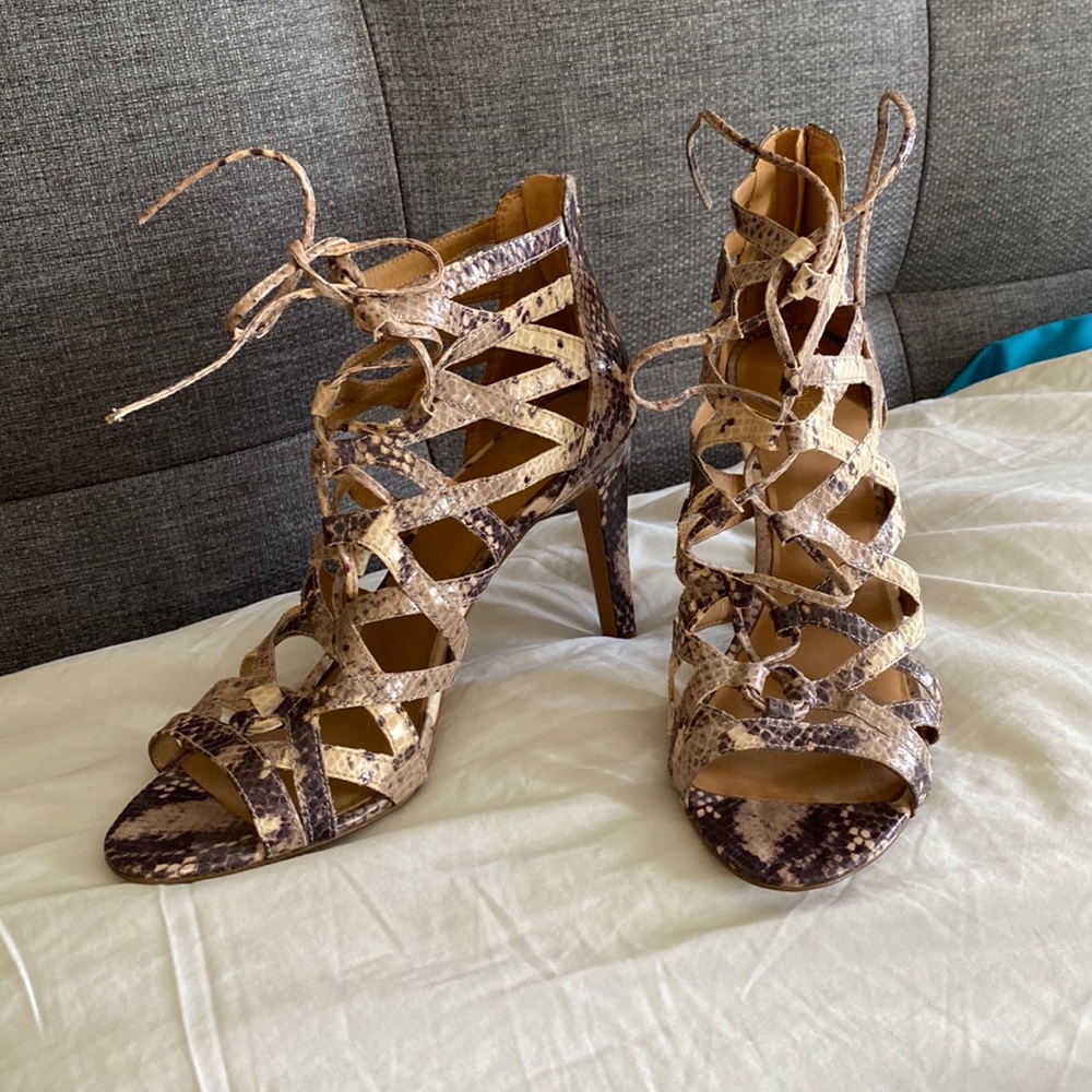 Ladies 10 Nine West lace up snake print stiletto sandals worn once